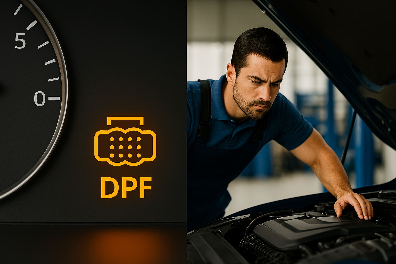 Mechanic inspecting engine with DPF warning light illuminated on the dashboard