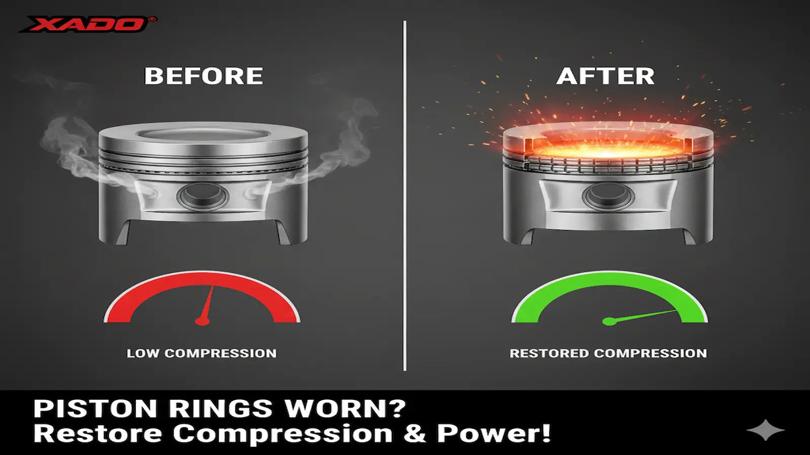 Split image showing worn piston rings and lost compression (before XADO) versus restored piston rings and high compression after XADO Revitalizant engine treatment.