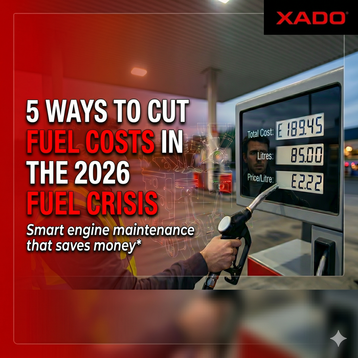 Fuel pump showing high petrol prices with engine blueprint overlay for XADO guide on cutting fuel costs in the 2026 fuel crisis.