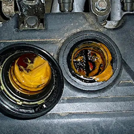 Dirt and deposits under the oil filler cap