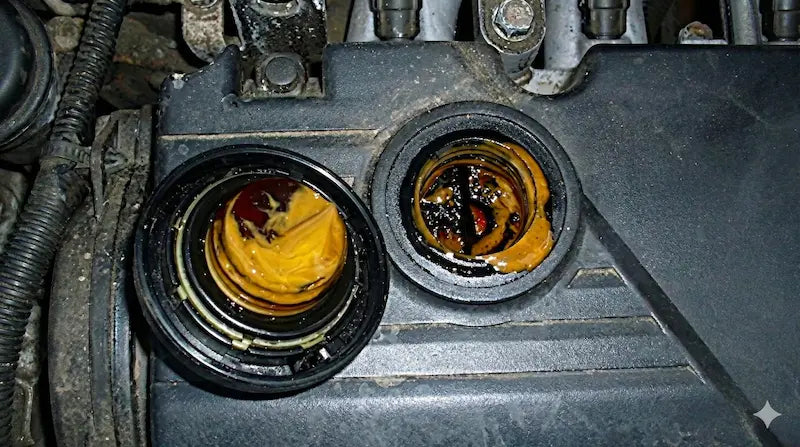 Dirt and deposits under the oil filler cap