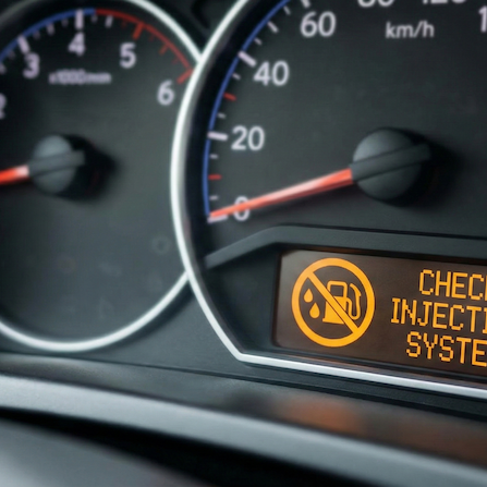 Mechanic inspecting and handling a diesel fuel injector in a workshop, with injector warning light illuminated on dashboard