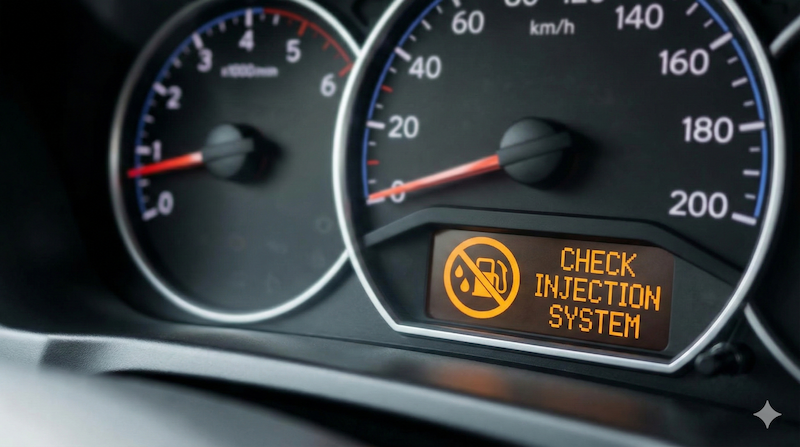 Mechanic inspecting and handling a diesel fuel injector in a workshop, with injector warning light illuminated on dashboard