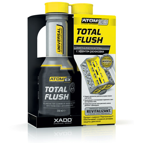 A package of AtomEX Total Engine Flush with a black and yellow color scheme. The package contains a bottle of the engine flush solution and a revitilizant, displayed against a white background.