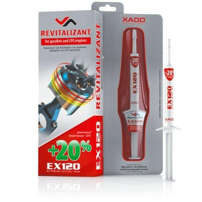 XADO EX120 Revitalizant for Petrol and LPG Engines restoring worn metal, reducing friction, and extending service life
