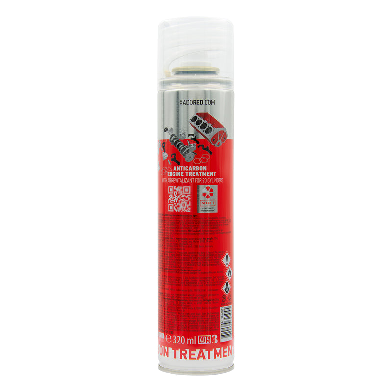 xado Red anticarbon decarboniser spray can with a white label on a white background
