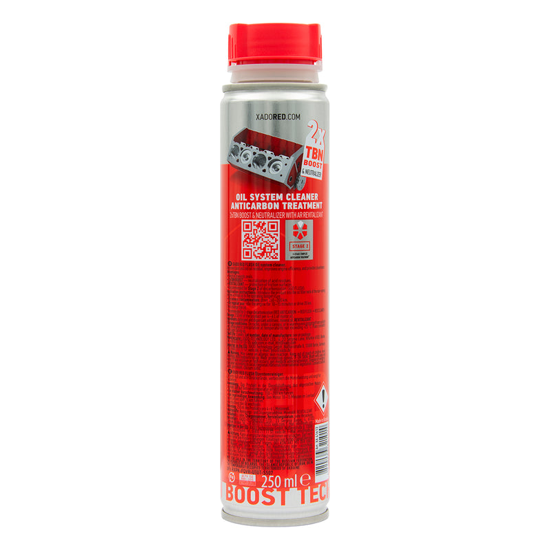 xado Red booster  white canister of Boost Tech oil system cleaner on a white background