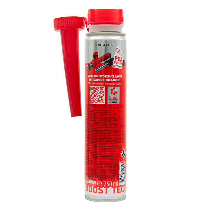 xado Red petrol cleaner bottle back instructions with a red cap on a white background