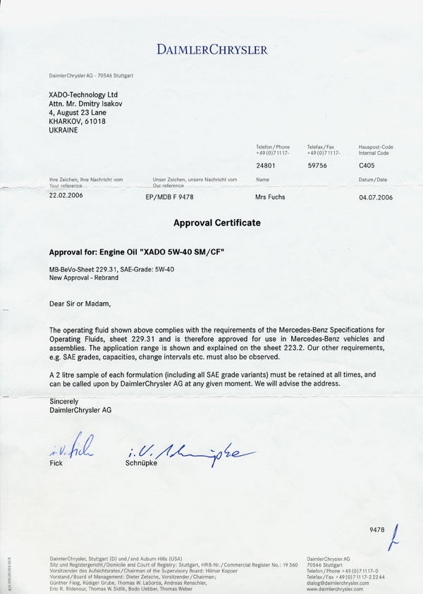 Xado, United Kingdom Revitalizants - Mercedes Certification