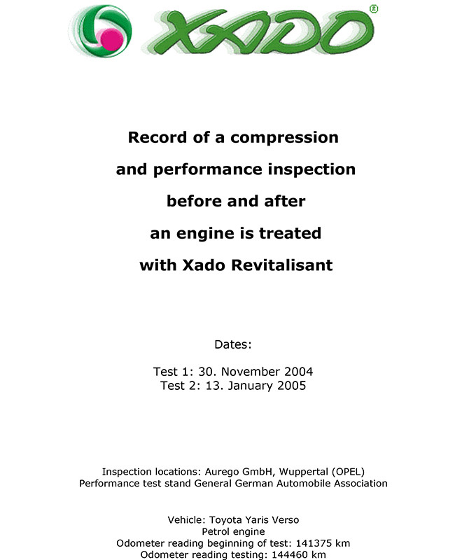 Record of a compression and performance inspection before and after an engine is treated with Xado Revitalisant
